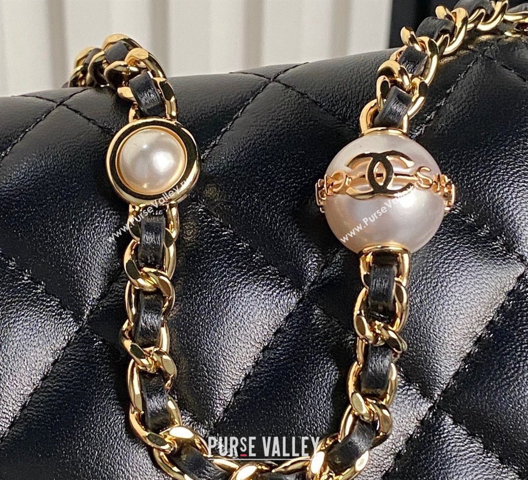 Chanel Shiny Lambskin Wallet on Chain WOC with Pearls AP4282 Black 2024 (yezi-241106122)