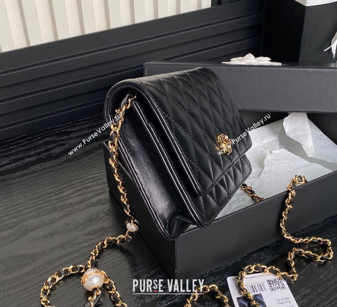 Chanel Shiny Lambskin Wallet on Chain WOC with Pearls AP4282 Black 2024 (yezi-241106122)