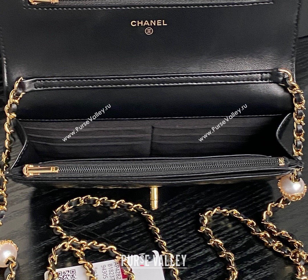 Chanel Shiny Lambskin Wallet on Chain WOC with Pearls AP4282 Black 2024 (yezi-241106122)