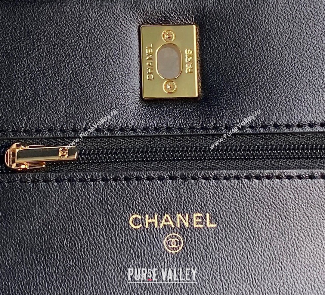 Chanel Shiny Lambskin Wallet on Chain WOC with Pearls AP4282 Black 2024 (yezi-241106122)