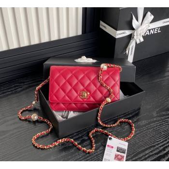 Chanel Shiny Lambskin Wallet on Chain WOC with Pearls AP4282 Red 2024 (yezi-241106123)