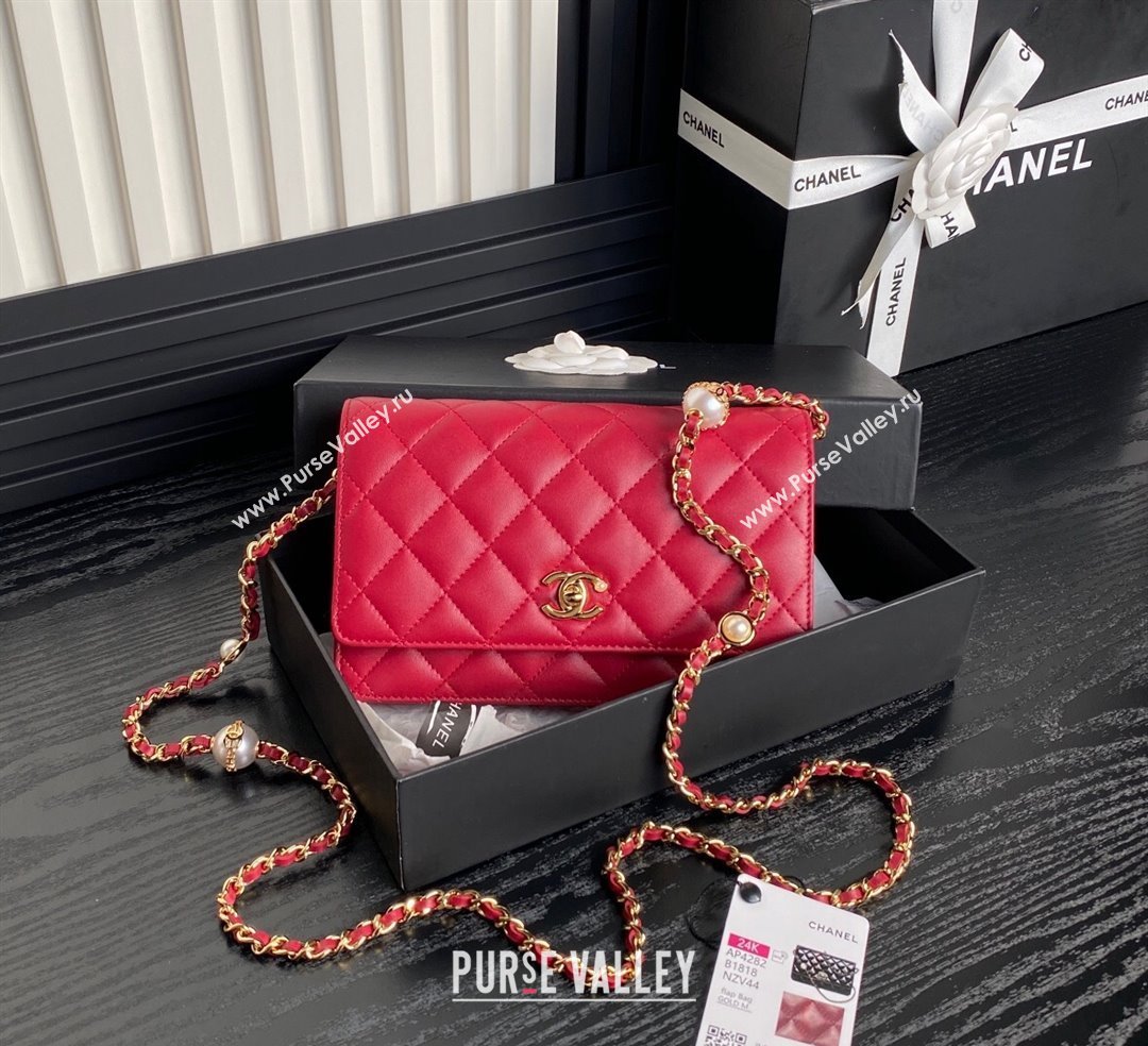 Chanel Shiny Lambskin Wallet on Chain WOC with Pearls AP4282 Red 2024 (yezi-241106123)