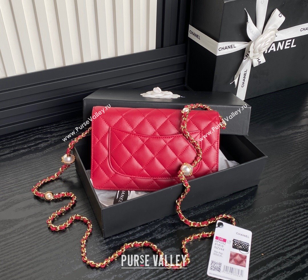 Chanel Shiny Lambskin Wallet on Chain WOC with Pearls AP4282 Red 2024 (yezi-241106123)