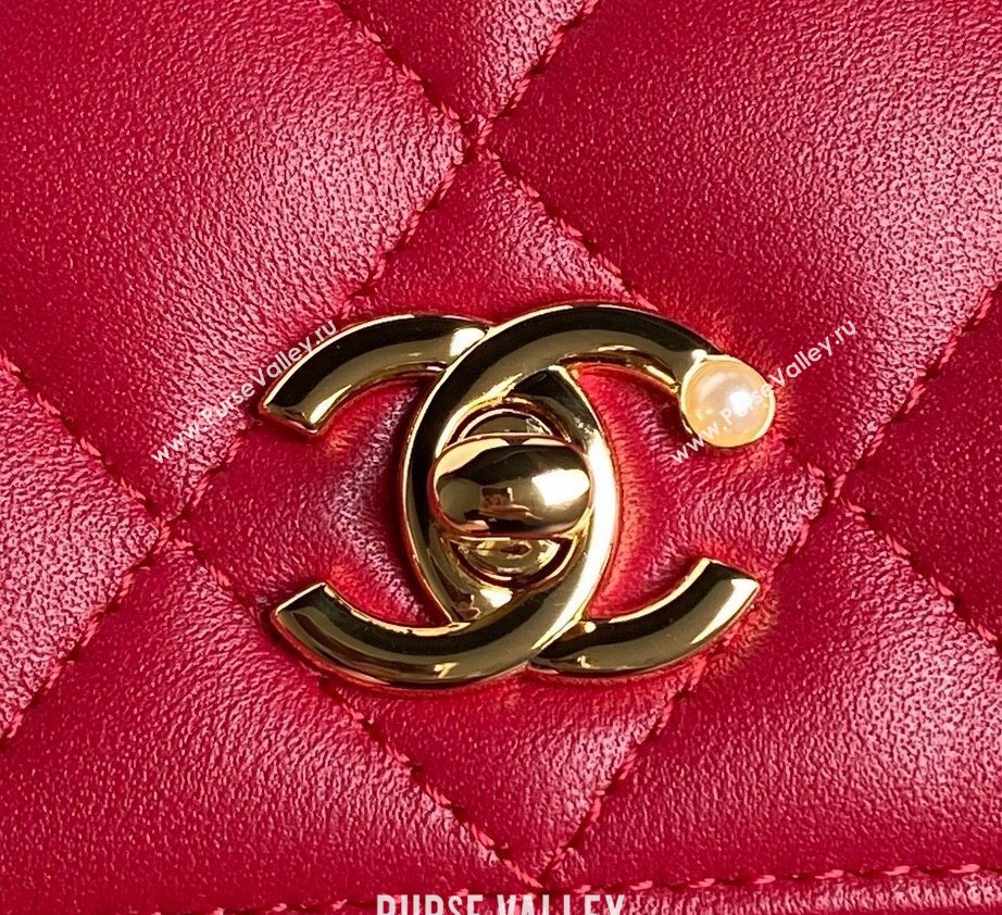 Chanel Shiny Lambskin Wallet on Chain WOC with Pearls AP4282 Red 2024 (yezi-241106123)