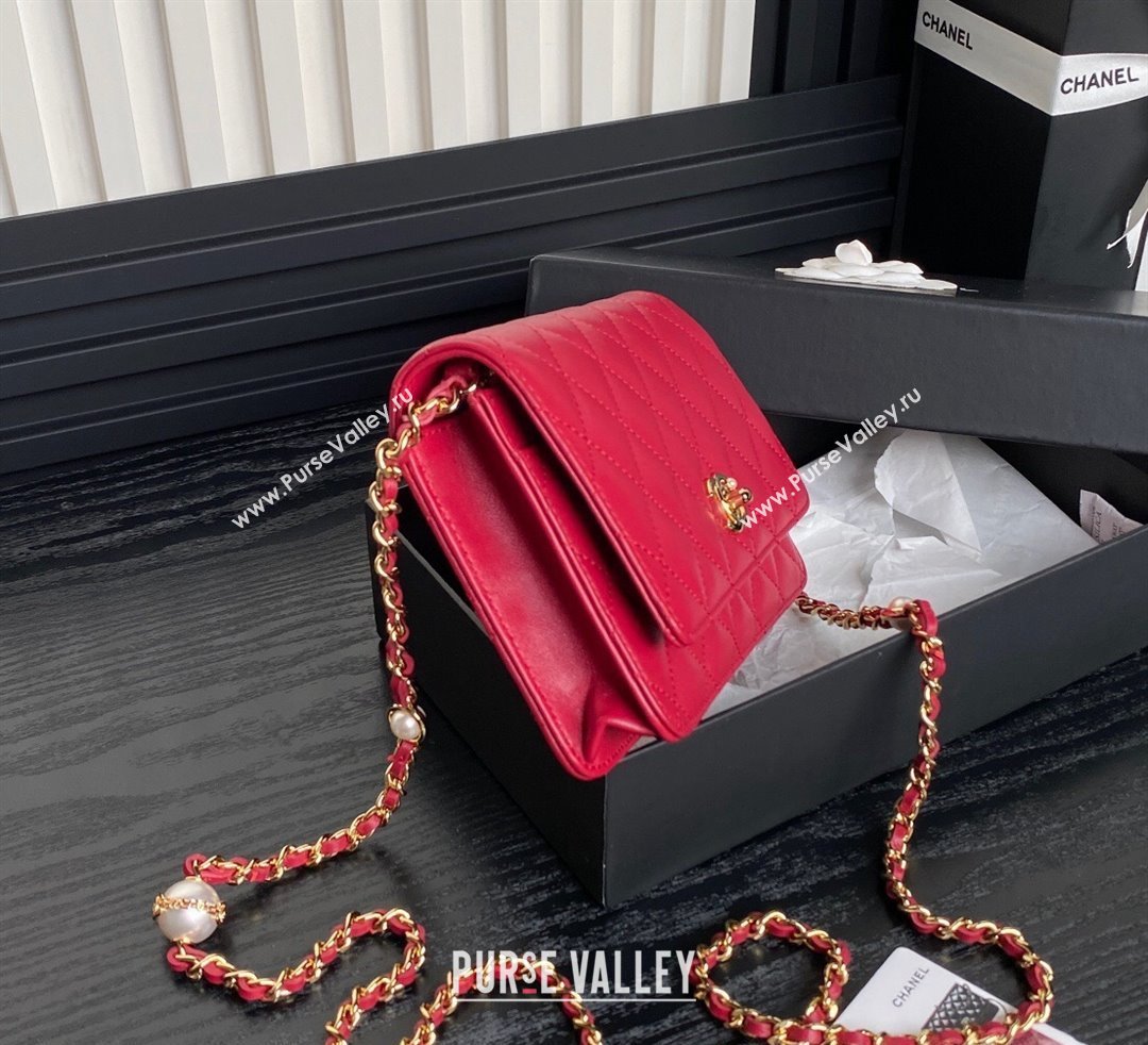 Chanel Shiny Lambskin Wallet on Chain WOC with Pearls AP4282 Red 2024 (yezi-241106123)