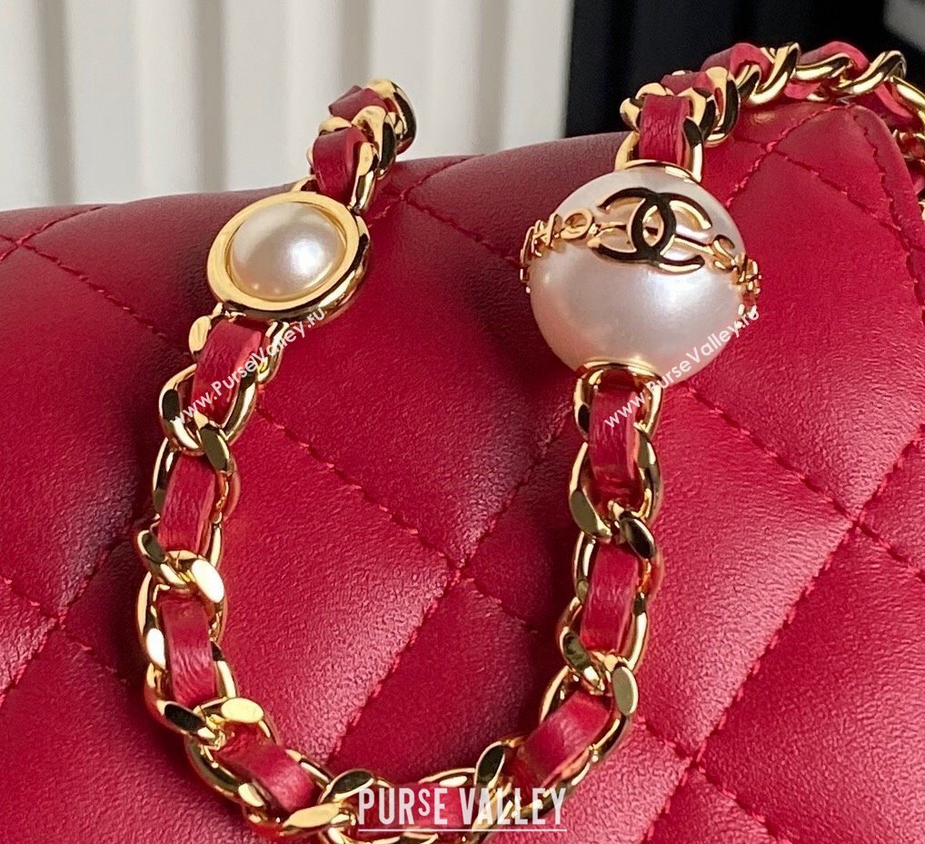 Chanel Shiny Lambskin Wallet on Chain WOC with Pearls AP4282 Red 2024 (yezi-241106123)