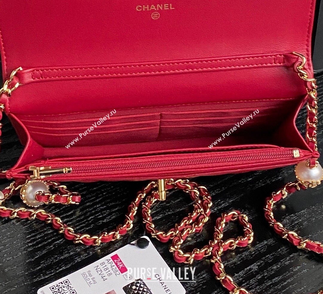 Chanel Shiny Lambskin Wallet on Chain WOC with Pearls AP4282 Red 2024 (yezi-241106123)