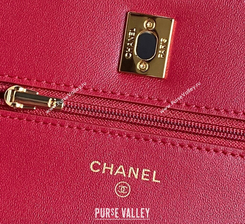 Chanel Shiny Lambskin Wallet on Chain WOC with Pearls AP4282 Red 2024 (yezi-241106123)