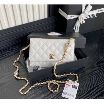 Chanel Shiny Lambskin Wallet on Chain WOC with Pearls AP4282 White 2024 (yezi-241106124)