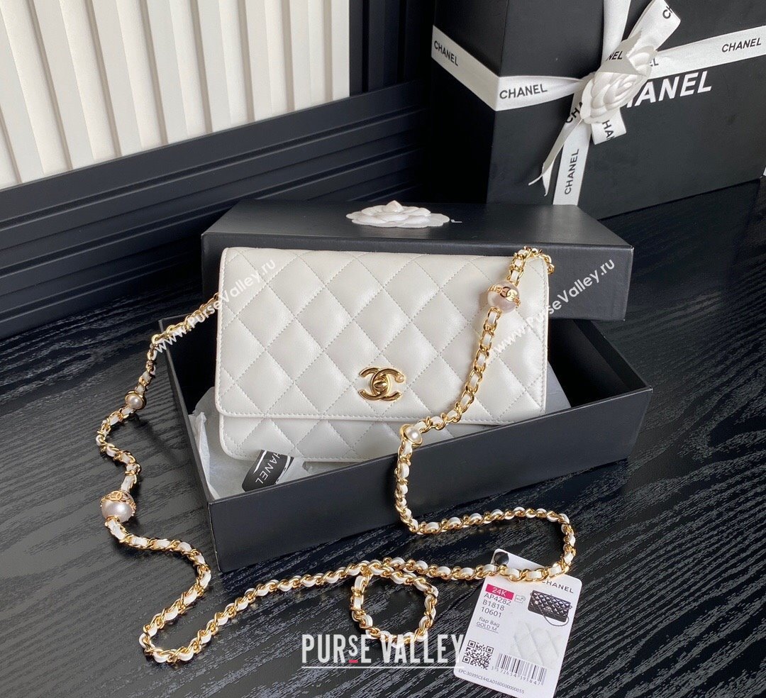 Chanel Shiny Lambskin Wallet on Chain WOC with Pearls AP4282 White 2024 (yezi-241106124)