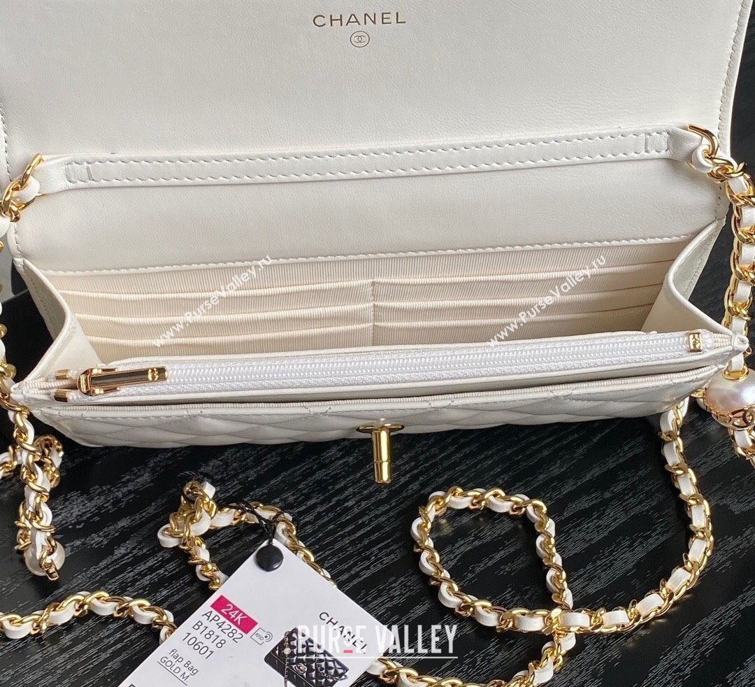 Chanel Shiny Lambskin Wallet on Chain WOC with Pearls AP4282 White 2024 (yezi-241106124)