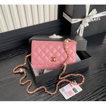 Chanel Shiny Lambskin Wallet on Chain WOC with Pearls AP4282 Pink 2024 (yezi-241106125)