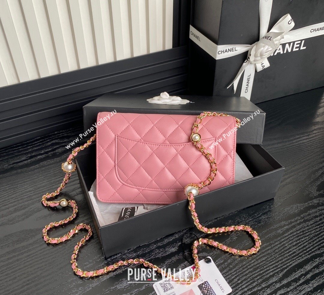 Chanel Shiny Lambskin Wallet on Chain WOC with Pearls AP4282 Pink 2024 (yezi-241106125)