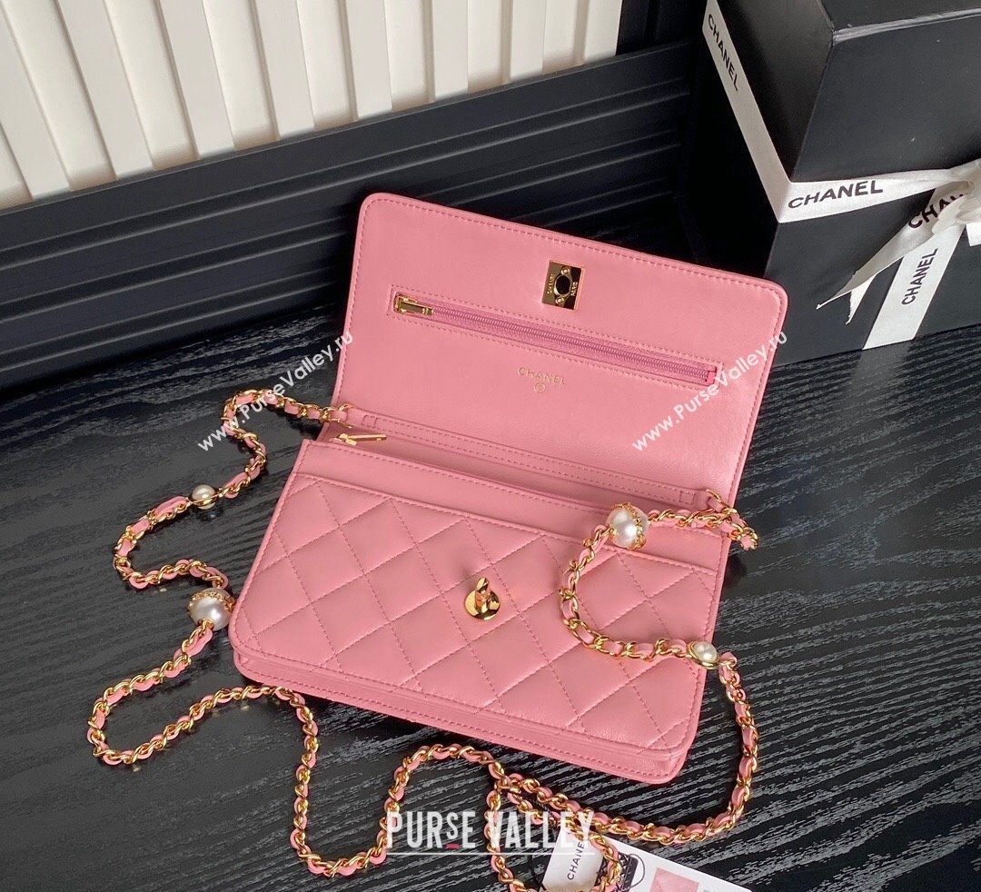 Chanel Shiny Lambskin Wallet on Chain WOC with Pearls AP4282 Pink 2024 (yezi-241106125)