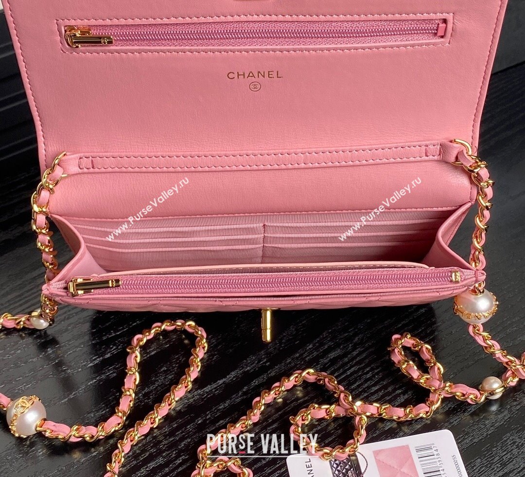 Chanel Shiny Lambskin Wallet on Chain WOC with Pearls AP4282 Pink 2024 (yezi-241106125)