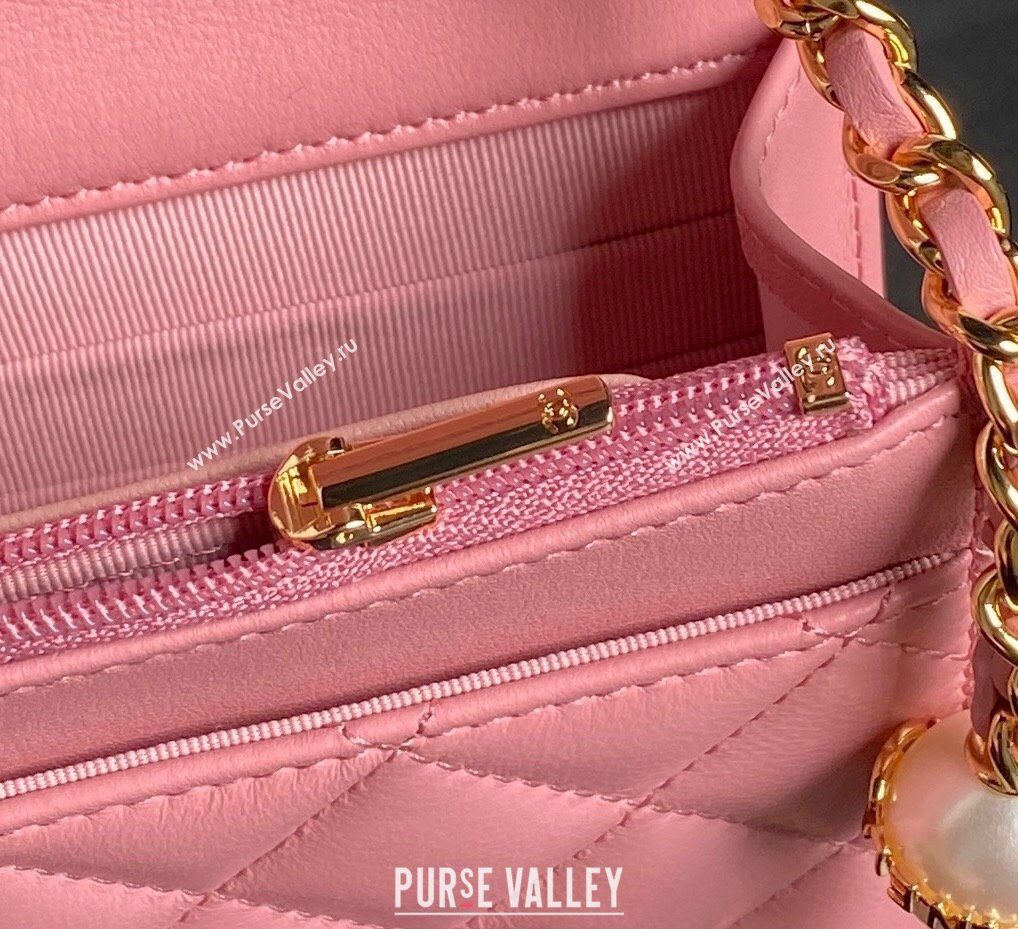 Chanel Shiny Lambskin Wallet on Chain WOC with Pearls AP4282 Pink 2024 (yezi-241106125)