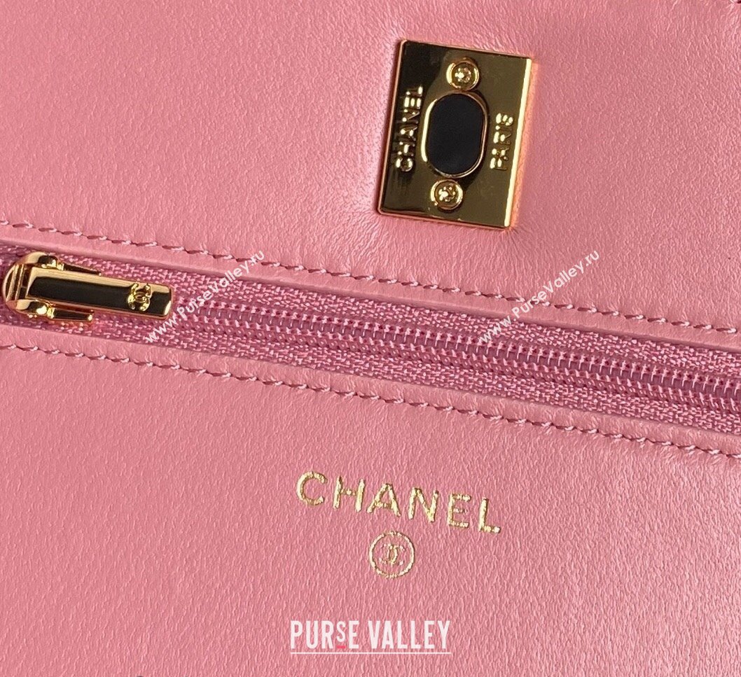 Chanel Shiny Lambskin Wallet on Chain WOC with Pearls AP4282 Pink 2024 (yezi-241106125)