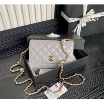 Chanel Shiny Lambskin Wallet on Chain WOC with Pearls AP4282 Grey 2024 (yezi-241106126)