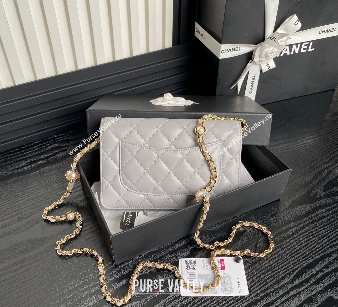 Chanel Shiny Lambskin Wallet on Chain WOC with Pearls AP4282 Grey 2024 (yezi-241106126)