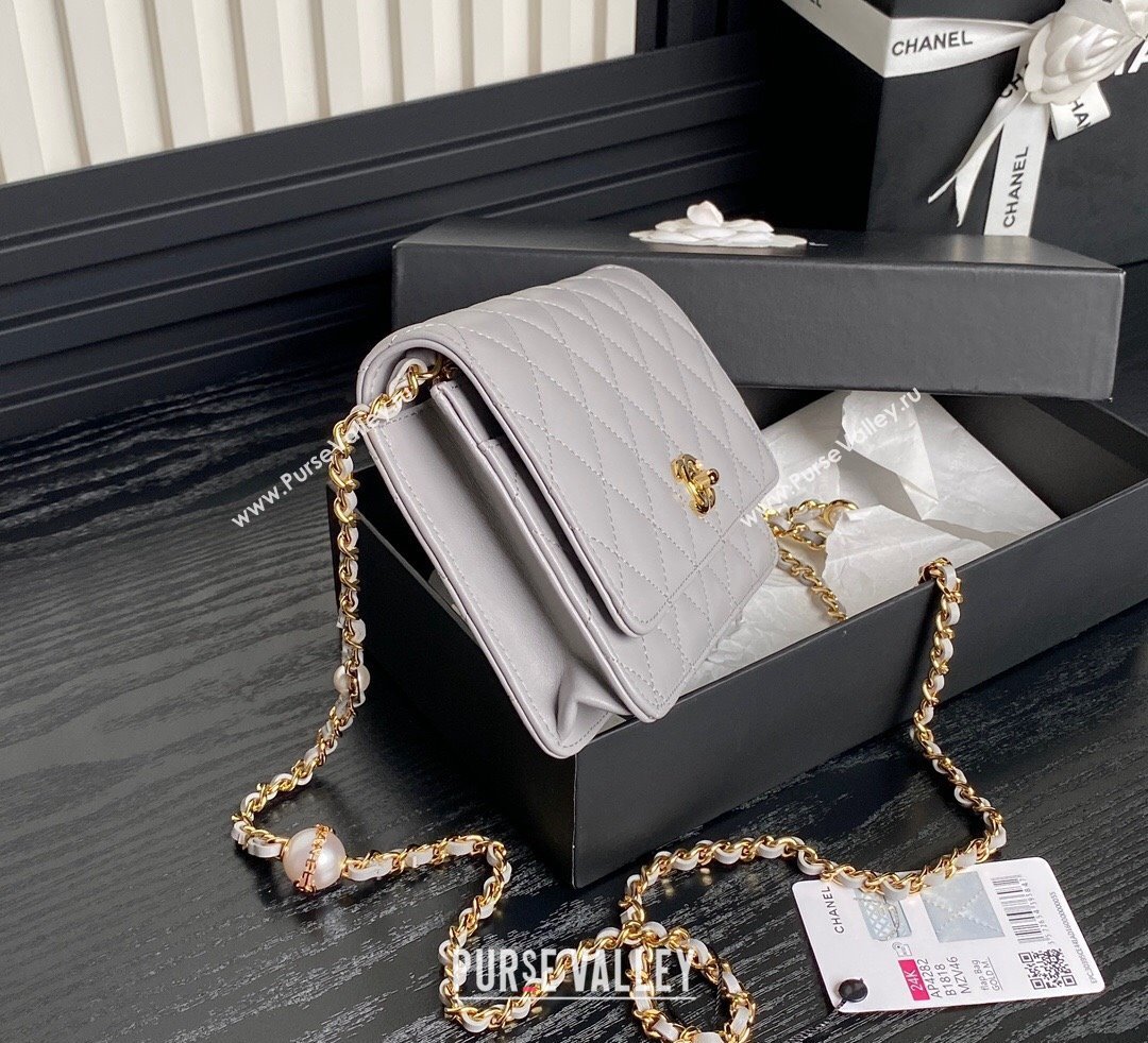 Chanel Shiny Lambskin Wallet on Chain WOC with Pearls AP4282 Grey 2024 (yezi-241106126)