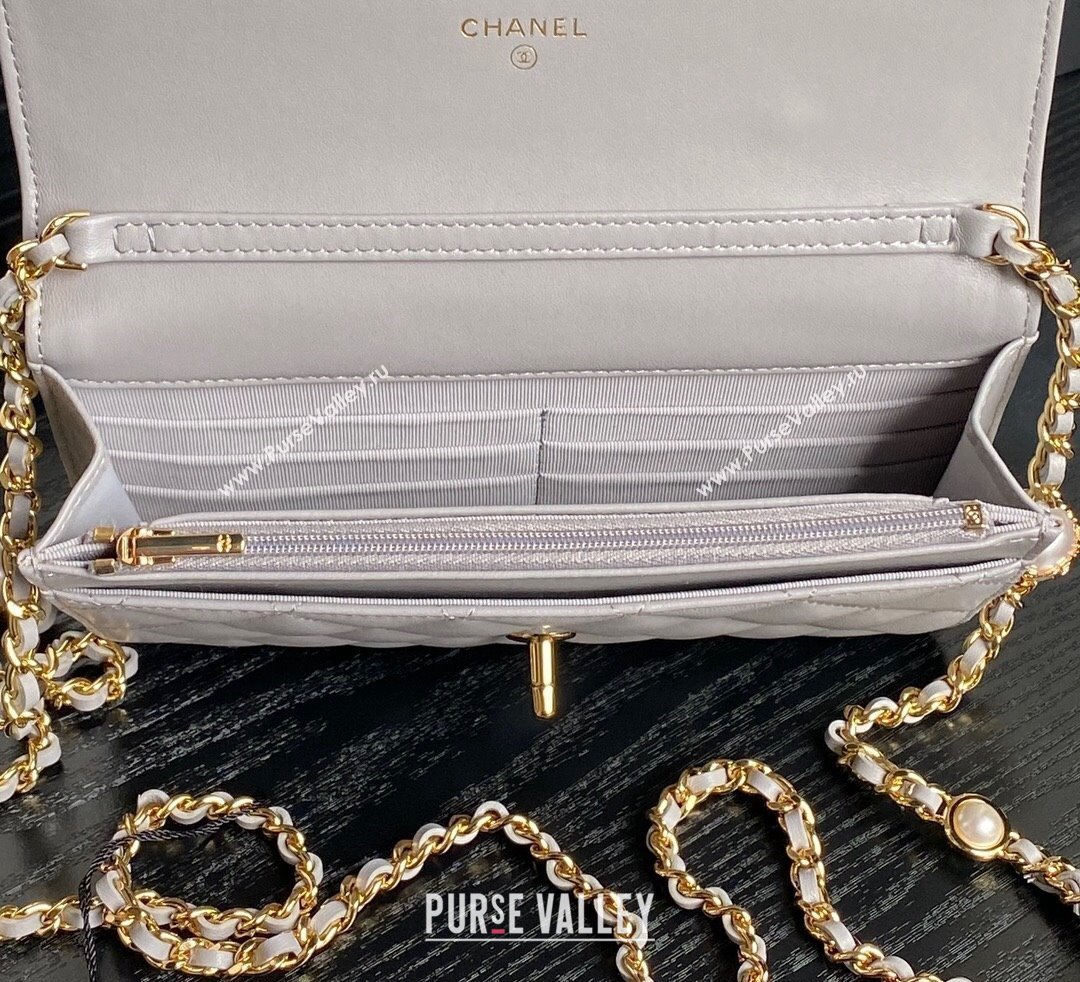 Chanel Shiny Lambskin Wallet on Chain WOC with Pearls AP4282 Grey 2024 (yezi-241106126)