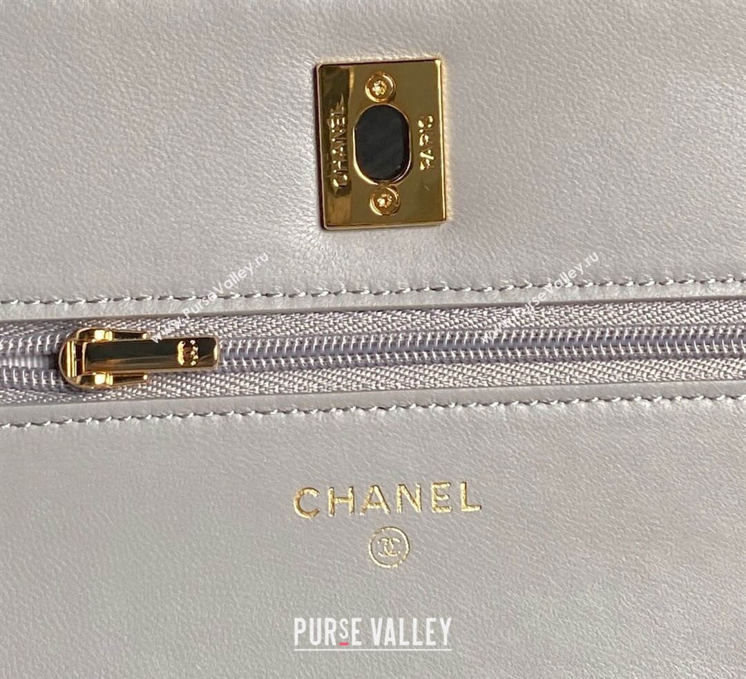 Chanel Shiny Lambskin Wallet on Chain WOC with Pearls AP4282 Grey 2024 (yezi-241106126)