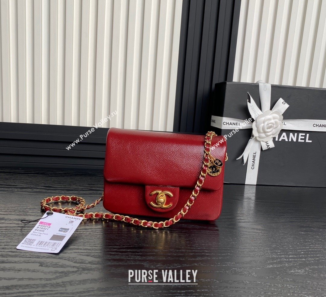 Chanel Grained Shiny Calfskin Mini Flap Bag with Chain AS5218 Red 2024 (yezi-241106080)