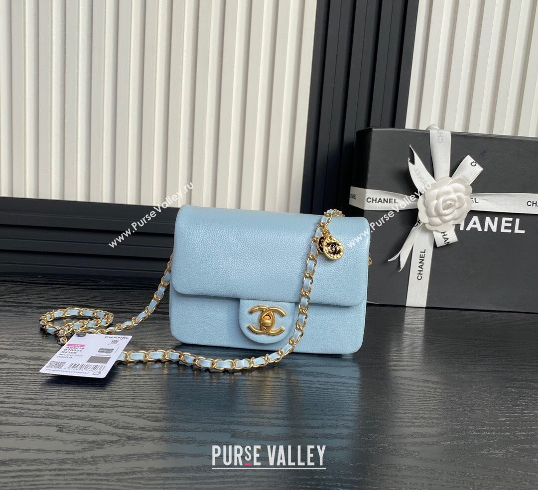 Chanel Grained Shiny Calfskin Mini Flap Bag with Chain AS5218 Light Blue 2024 (yezi-241106081)