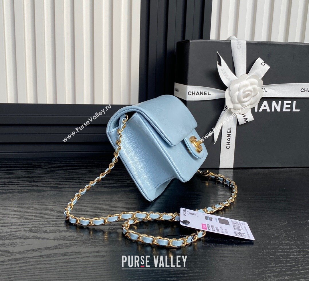 Chanel Grained Shiny Calfskin Mini Flap Bag with Chain AS5218 Light Blue 2024 (yezi-241106081)