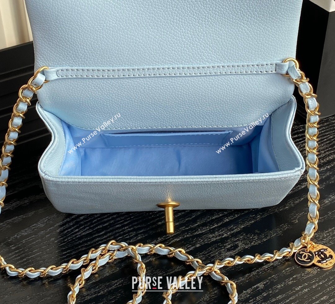 Chanel Grained Shiny Calfskin Mini Flap Bag with Chain AS5218 Light Blue 2024 (yezi-241106081)