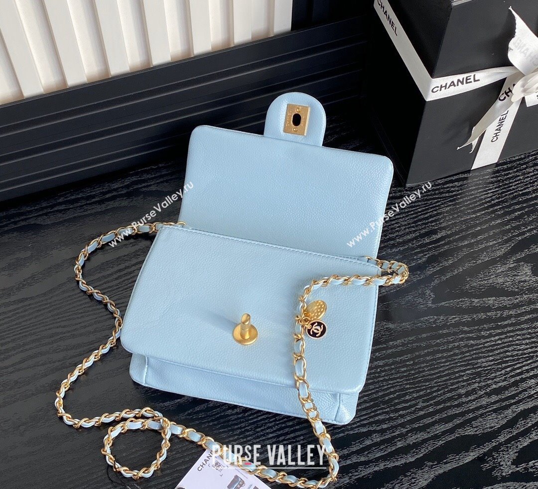 Chanel Grained Shiny Calfskin Mini Flap Bag with Chain AS5218 Light Blue 2024 (yezi-241106081)