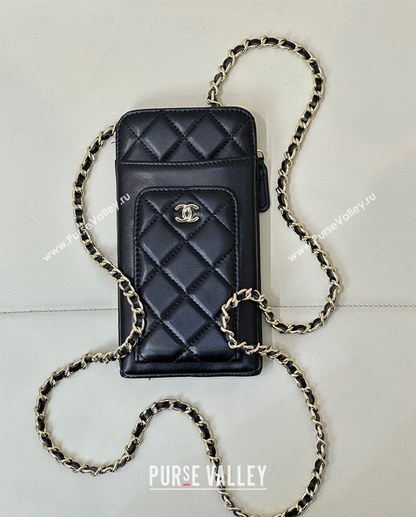 Chanel Lambskin Phone Holder with Chain Black/Gold 2024 AP0990 (ssz-241106090)