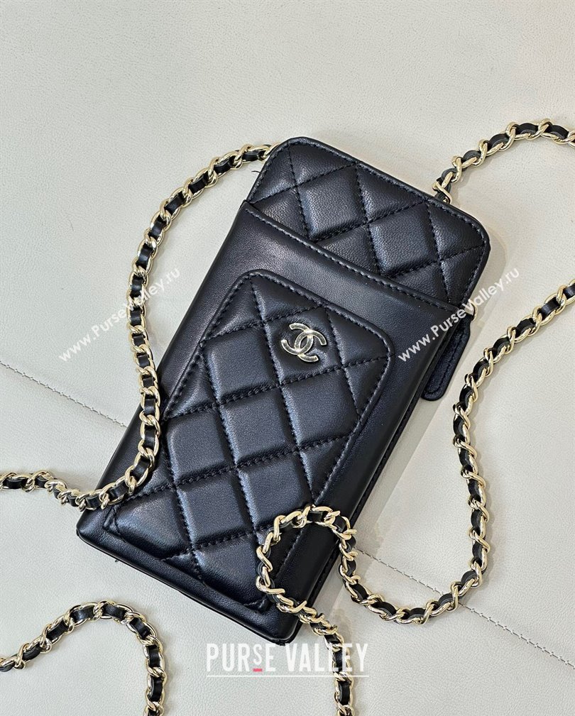 Chanel Lambskin Phone Holder with Chain Black/Gold 2024 AP0990 (ssz-241106090)