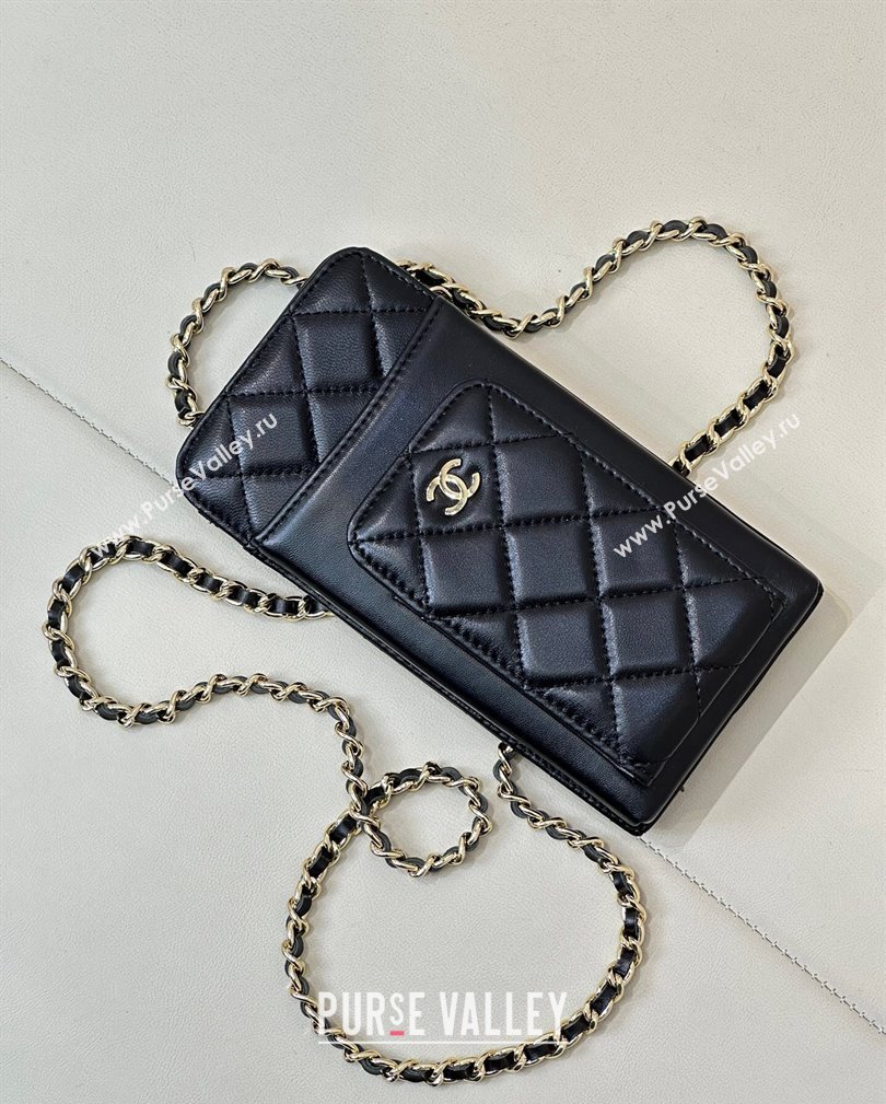 Chanel Lambskin Phone Holder with Chain Black/Gold 2024 AP0990 (ssz-241106090)