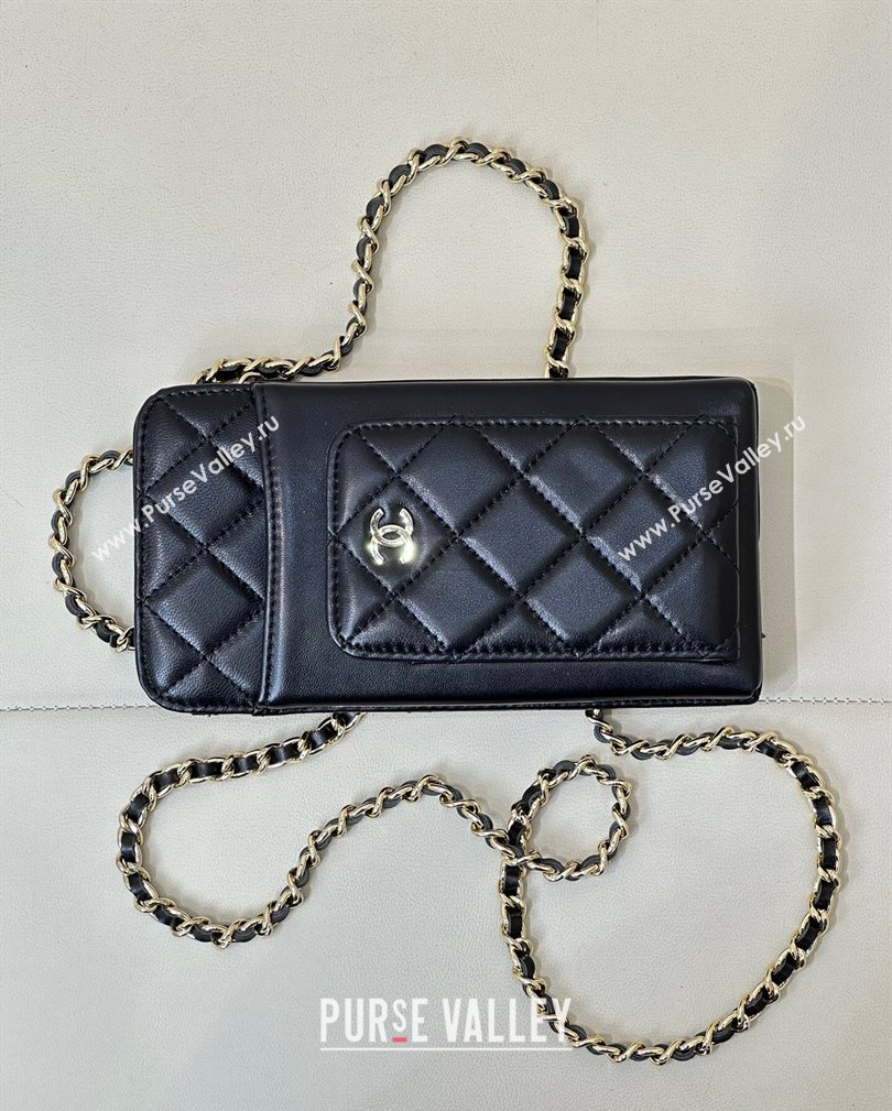 Chanel Lambskin Phone Holder with Chain Black/Gold 2024 AP0990 (ssz-241106090)