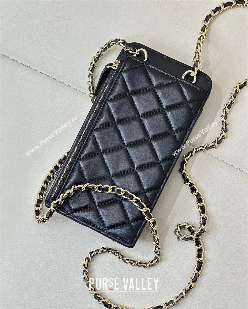 Chanel Lambskin Phone Holder with Chain Black/Gold 2024 AP0990 (ssz-241106090)