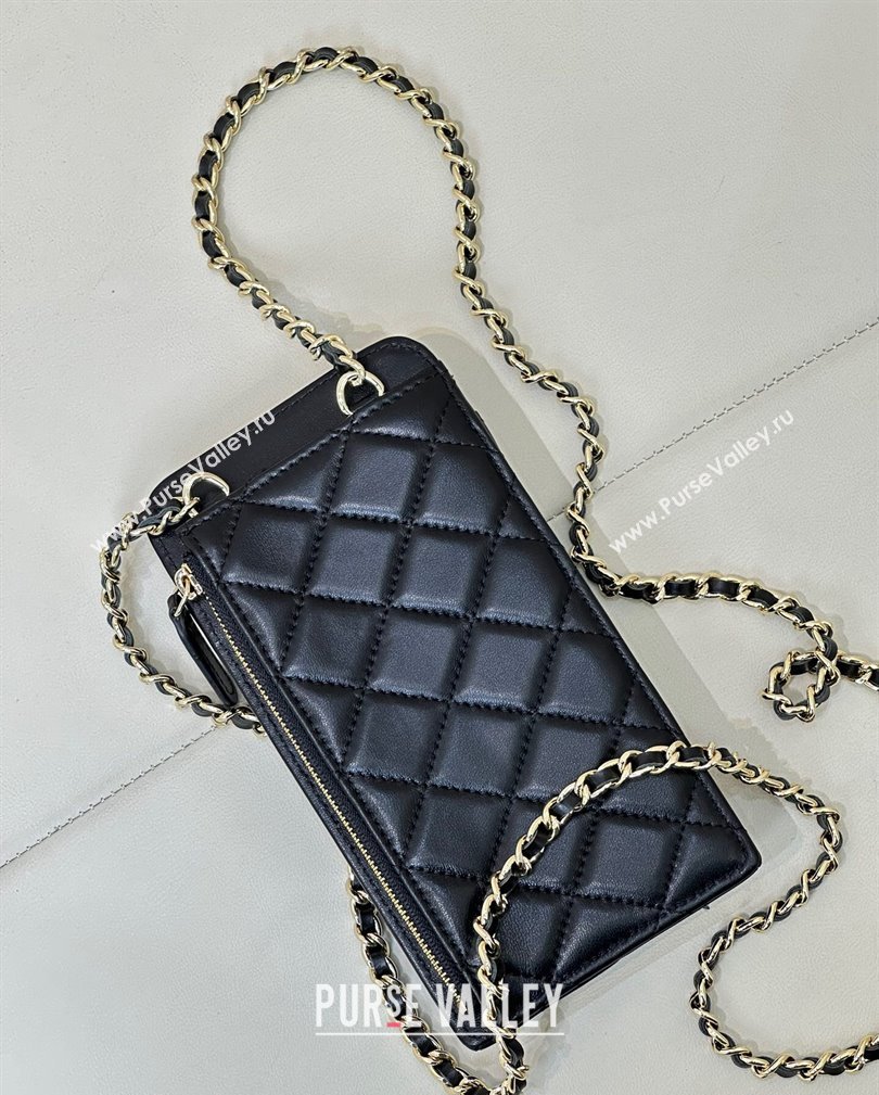 Chanel Lambskin Phone Holder with Chain Black/Gold 2024 AP0990 (ssz-241106090)