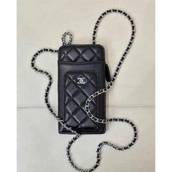 Chanel Lambskin Phone Holder with Chain Black/Silver 2024 AP0990 (ssz-241106091)