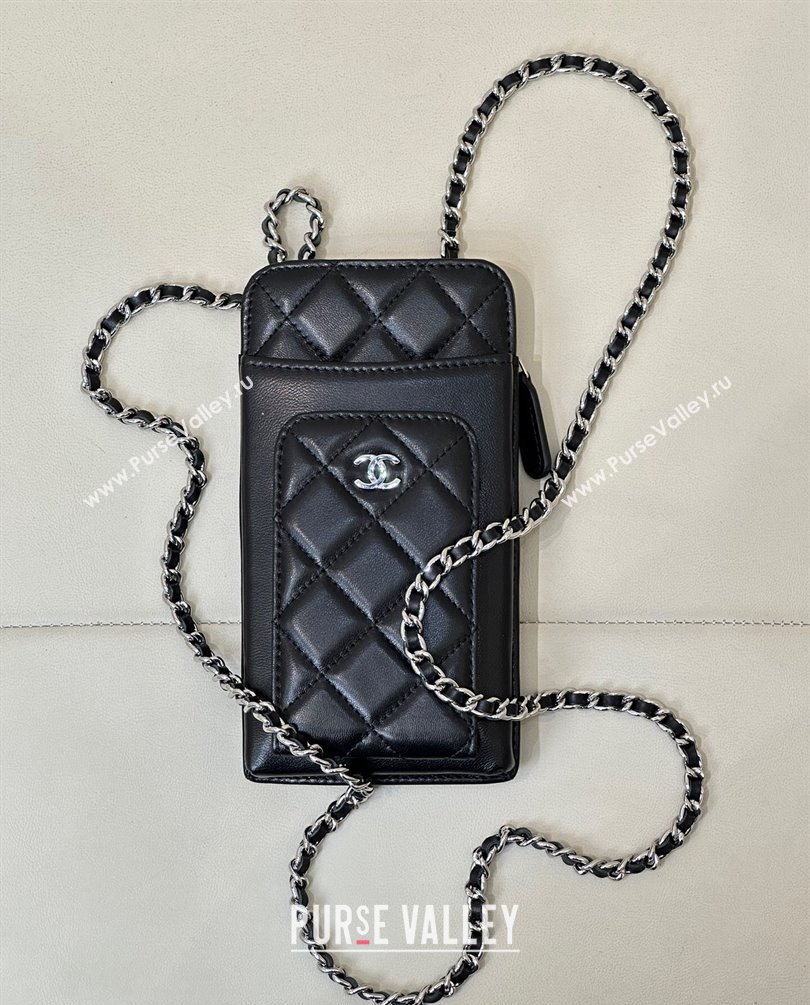 Chanel Lambskin Phone Holder with Chain Black/Silver 2024 AP0990 (ssz-241106091)