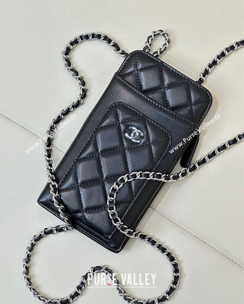 Chanel Lambskin Phone Holder with Chain Black/Silver 2024 AP0990 (ssz-241106091)