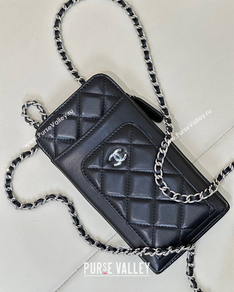 Chanel Lambskin Phone Holder with Chain Black/Silver 2024 AP0990 (ssz-241106091)