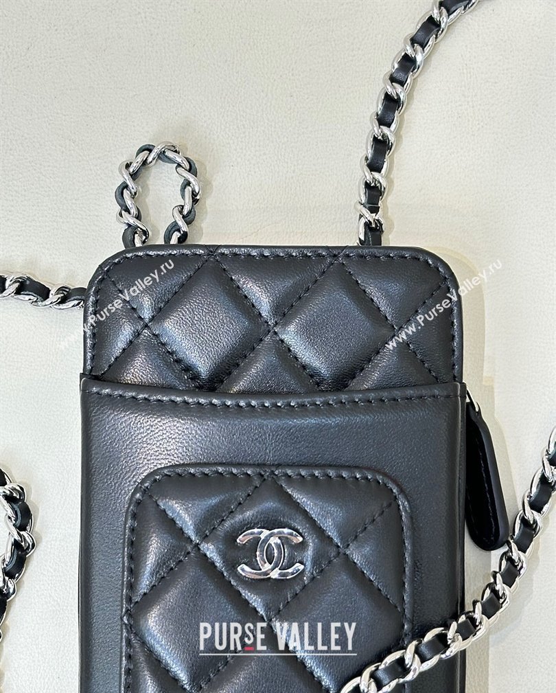 Chanel Lambskin Phone Holder with Chain Black/Silver 2024 AP0990 (ssz-241106091)