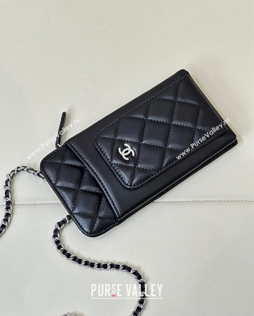 Chanel Lambskin Phone Holder with Chain Black/Silver 2024 AP0990 (ssz-241106091)