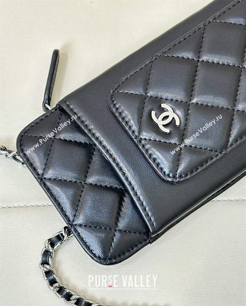 Chanel Lambskin Phone Holder with Chain Black/Silver 2024 AP0990 (ssz-241106091)