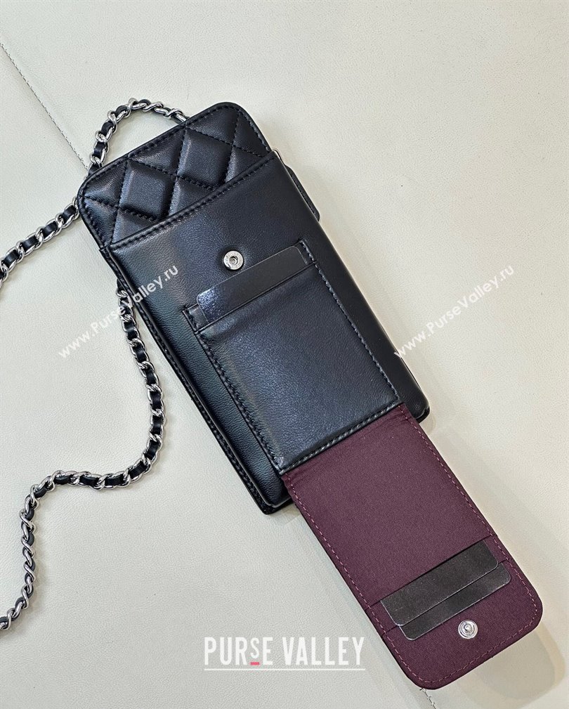 Chanel Lambskin Phone Holder with Chain Black/Silver 2024 AP0990 (ssz-241106091)