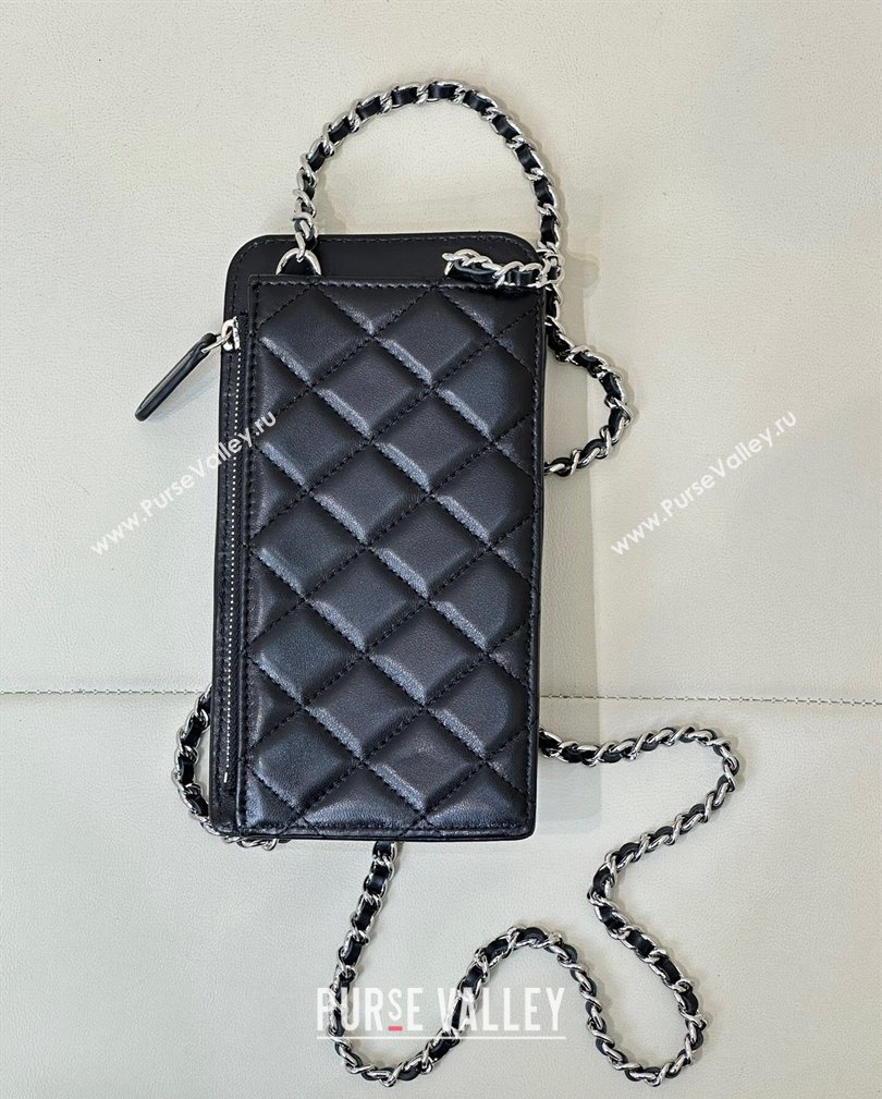 Chanel Lambskin Phone Holder with Chain Black/Silver 2024 AP0990 (ssz-241106091)