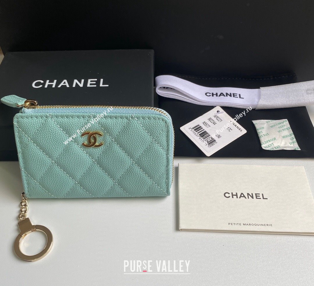 Chanel Grained Calfskin Zip Card Holder Wallet Light Green 2024 AP0221 (yezi-241107027)