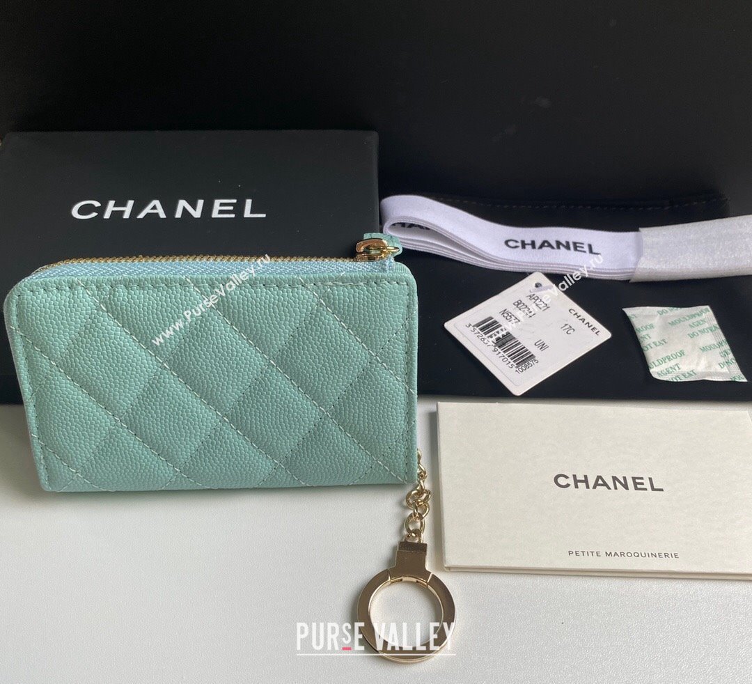 Chanel Grained Calfskin Zip Card Holder Wallet Light Green 2024 AP0221 (yezi-241107027)