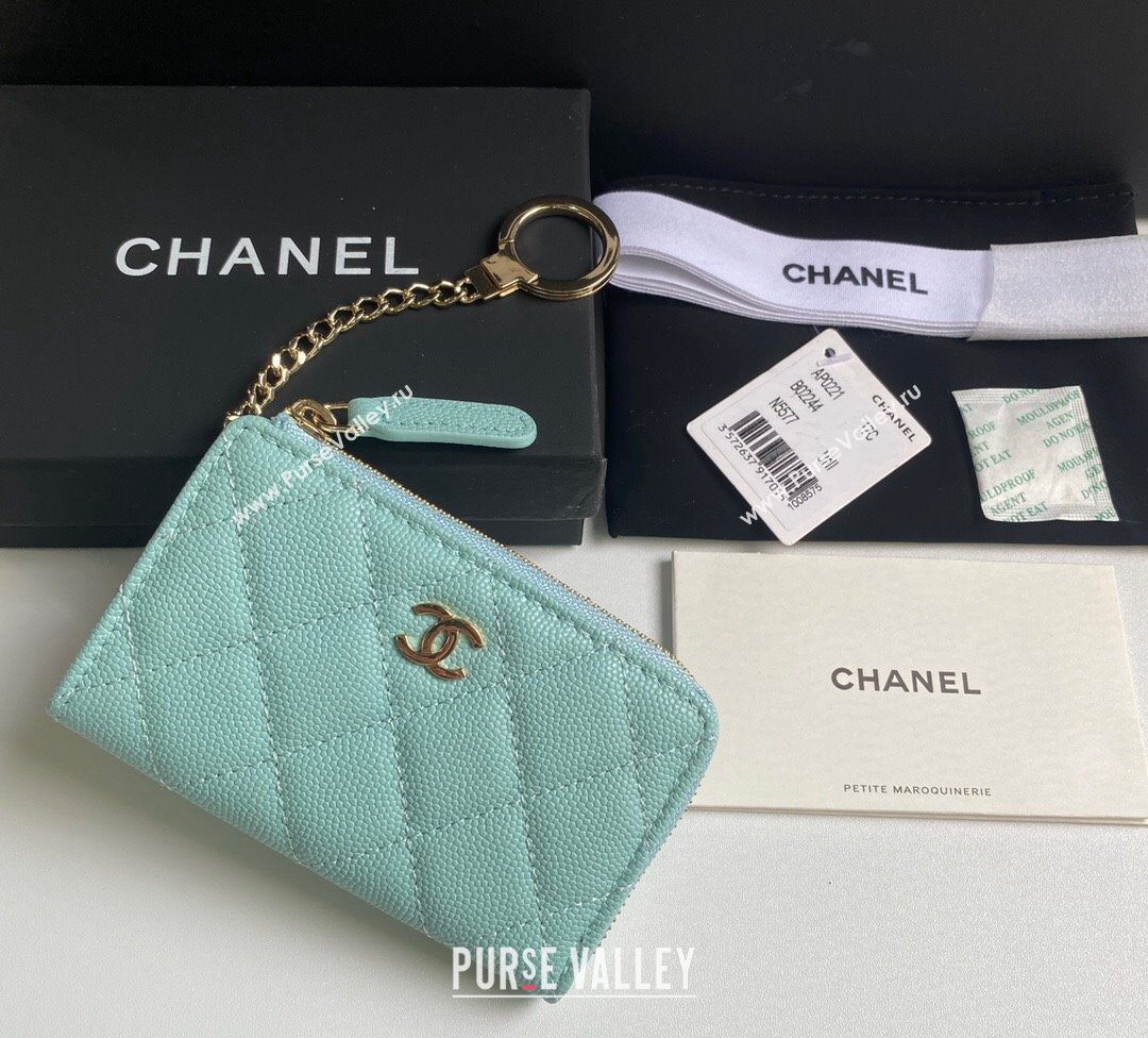 Chanel Grained Calfskin Zip Card Holder Wallet Light Green 2024 AP0221 (yezi-241107027)