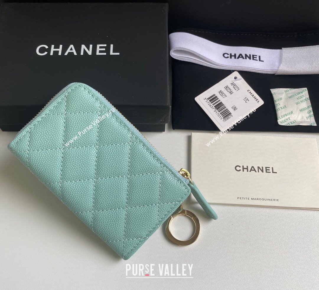 Chanel Grained Calfskin Zip Card Holder Wallet Light Green 2024 AP0221 (yezi-241107027)